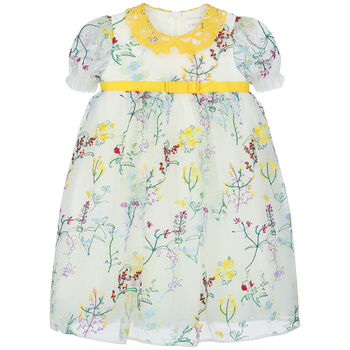 Girls White & Yellow Floral Tulle Dress