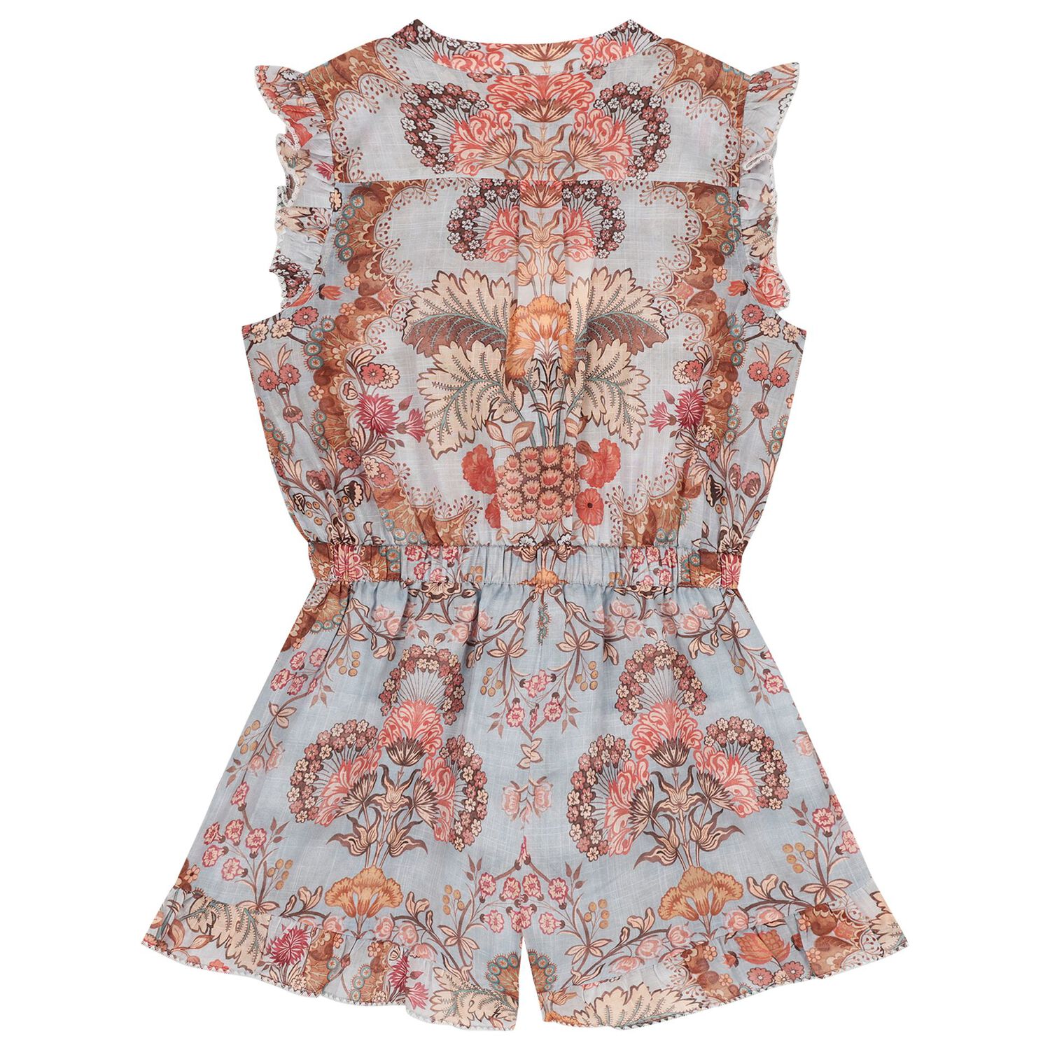 Girls Blue Floral Ruffled Playsuit, 1, hi-res