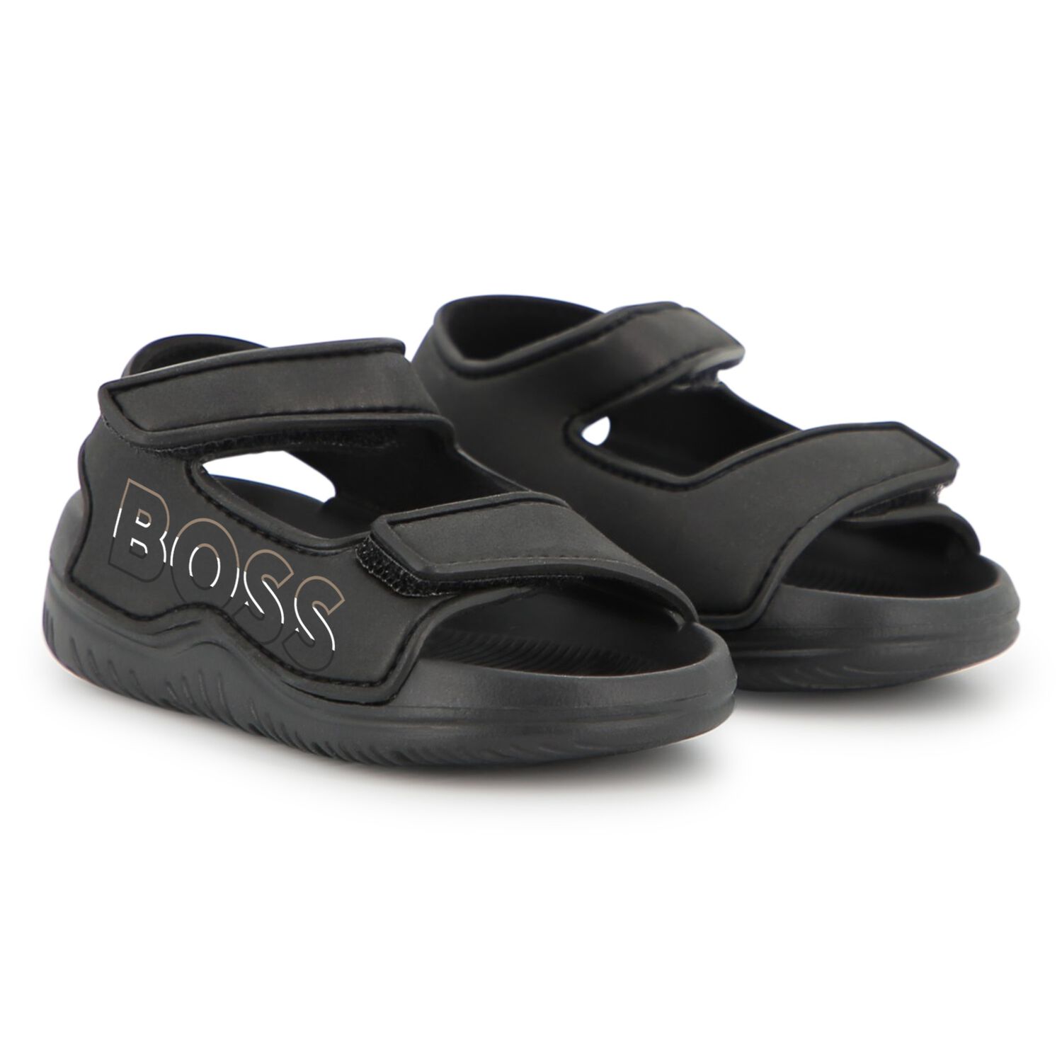 Boys Black Logo Sandals, 1, hi-res