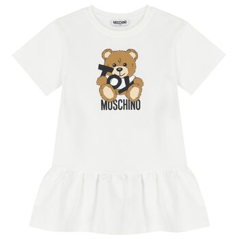 Girls White Teddy Bear Logo Dress