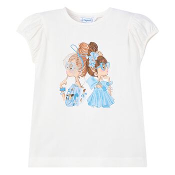 Girls White Puff-Sleeve T-Shirt