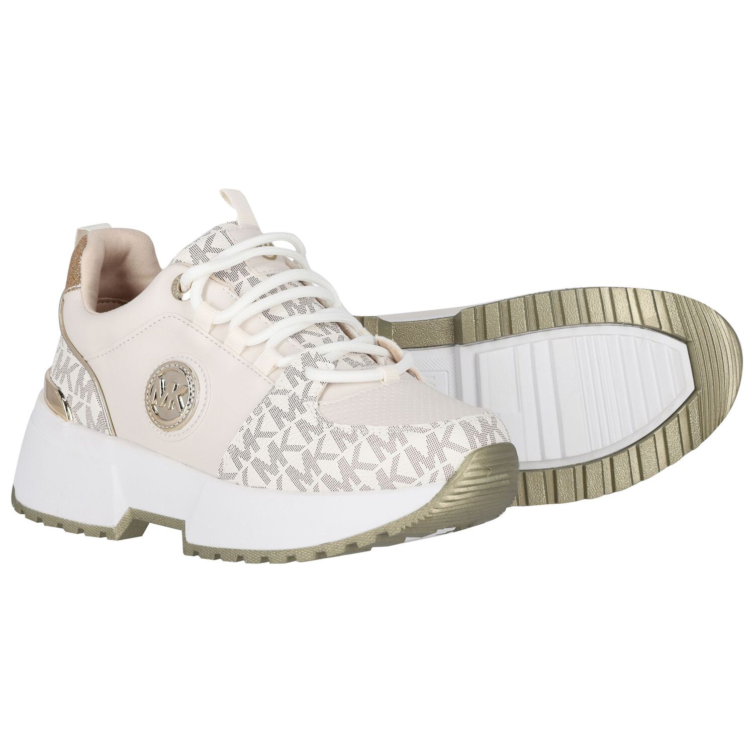 Girls Ivory & Gold Logo Trainers, 1, hi-res