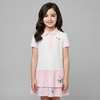 Younger Girls White & Pink Butterflies Logo Dress
