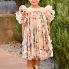 Girls Beige Tulle Flowers Dress, 3, hi-res