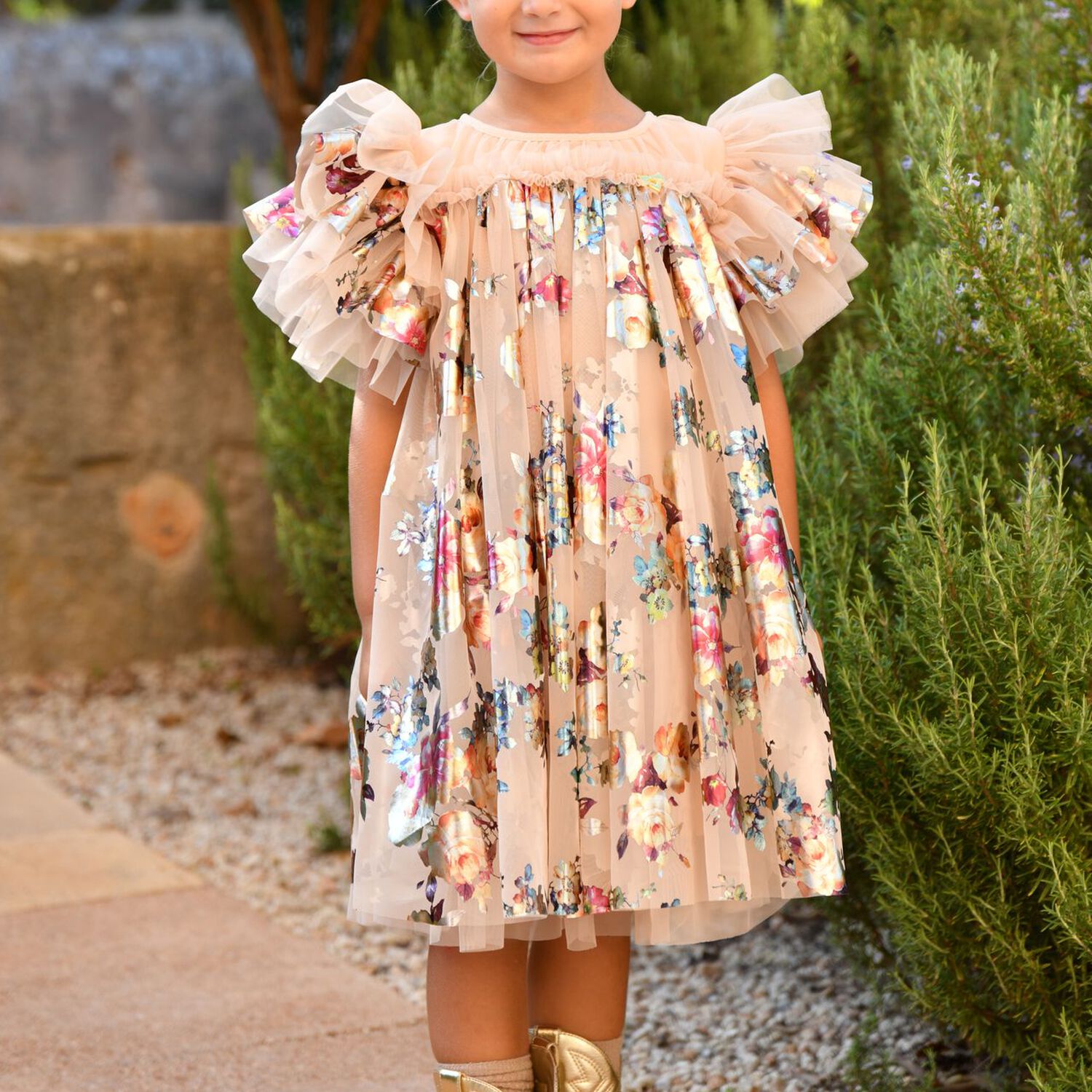 Girls Beige Tulle Flowers Dress, 3, hi-res