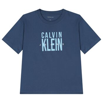 Boys Blue Logo Print Cotton T-Shirt