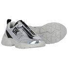 Girls White & Silver Logo Trainers, 1, hi-res