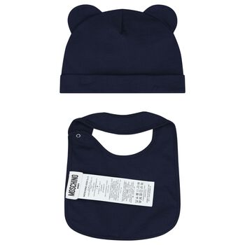 Navy Blue Teddy Bear Logo Hat & Bib Baby Gift Set