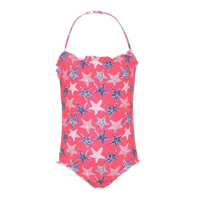 Girls Neon Pink Starfish Ruched Swimsuit