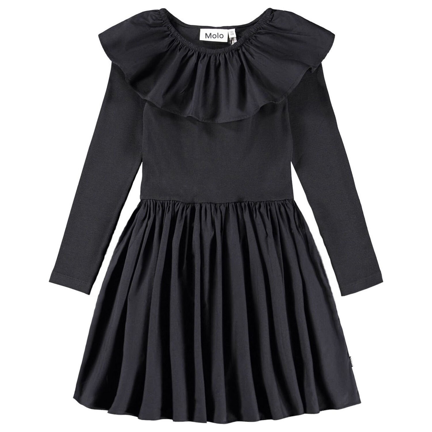 Girls Black Ruffled Long Sleeve Dress, 2, hi-res