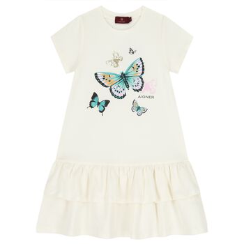 Girls Ivory Butterflies Logo Dress