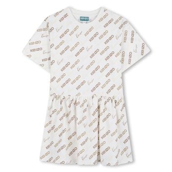 Girls Ivory & Beige Logo Dress