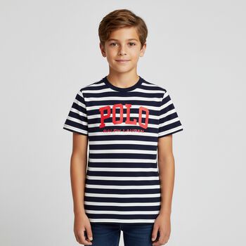 Boys White & Navy Blue Logo Striped T-Shirt