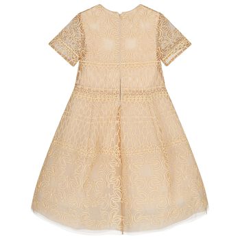 Girls Beige Embroidered Tulle Dress