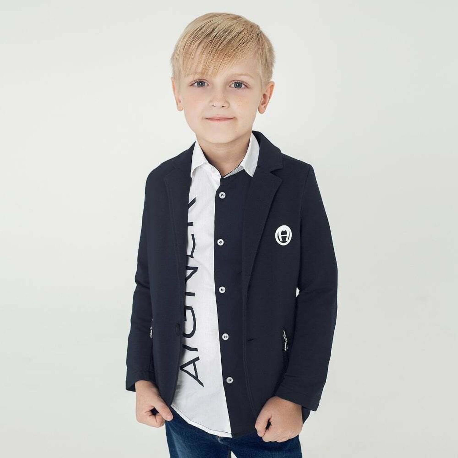 Boys Navy Blue logo Blazer, 1, hi-res