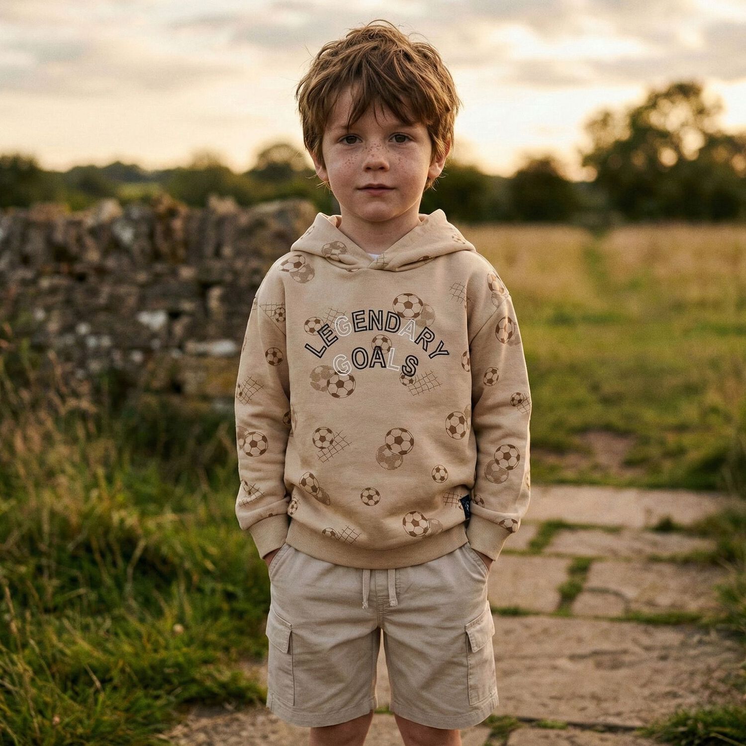 Boys Beige Football Hooded Top , 1, hi-res