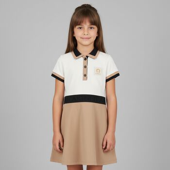 Girls Ivory & Beige Logo Polo Dress