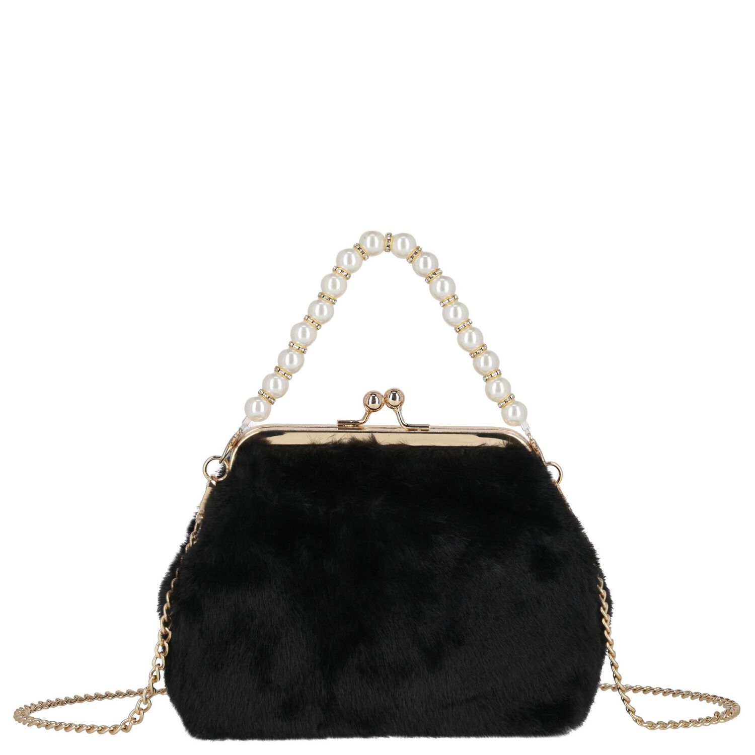 Girls Black Faux Fur Handbag, 1, hi-res