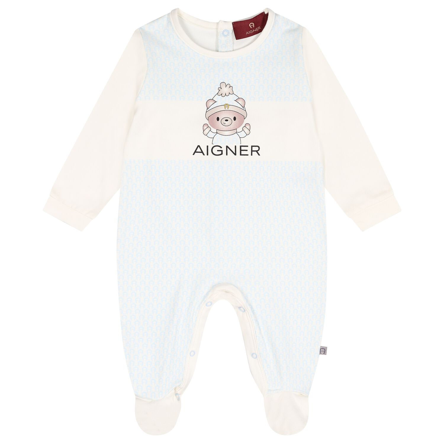 Baby Boys Ivory & Blue Teddy Bear Logo Babygrow, 2, hi-res