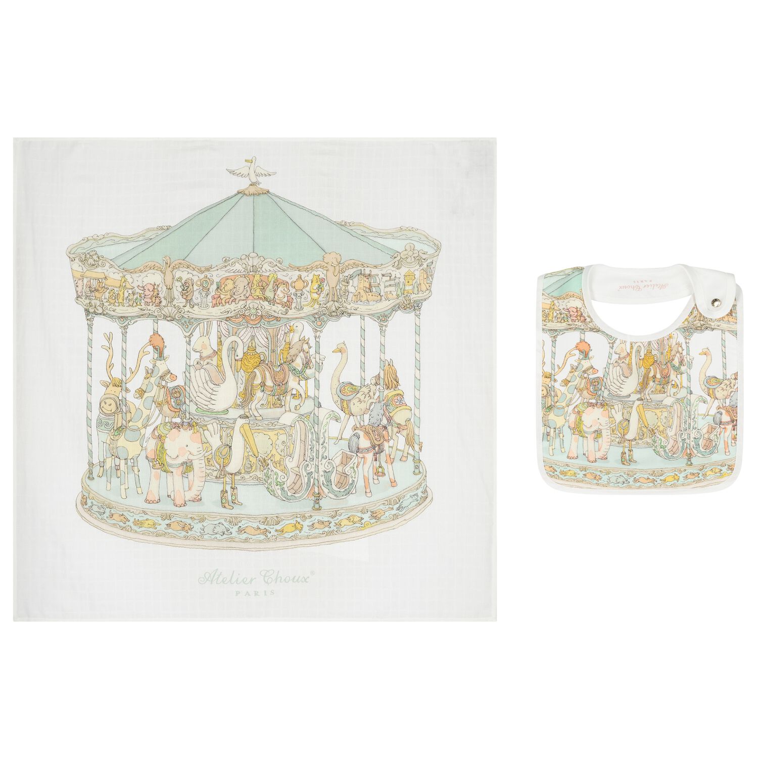 Ivory & Green Carousel Carr&eacute; Swaddle & Bib Gift Set, 1, hi-res