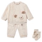 Baby Boys Beige Teddy Bear Tracksuit Set, 1, hi-res