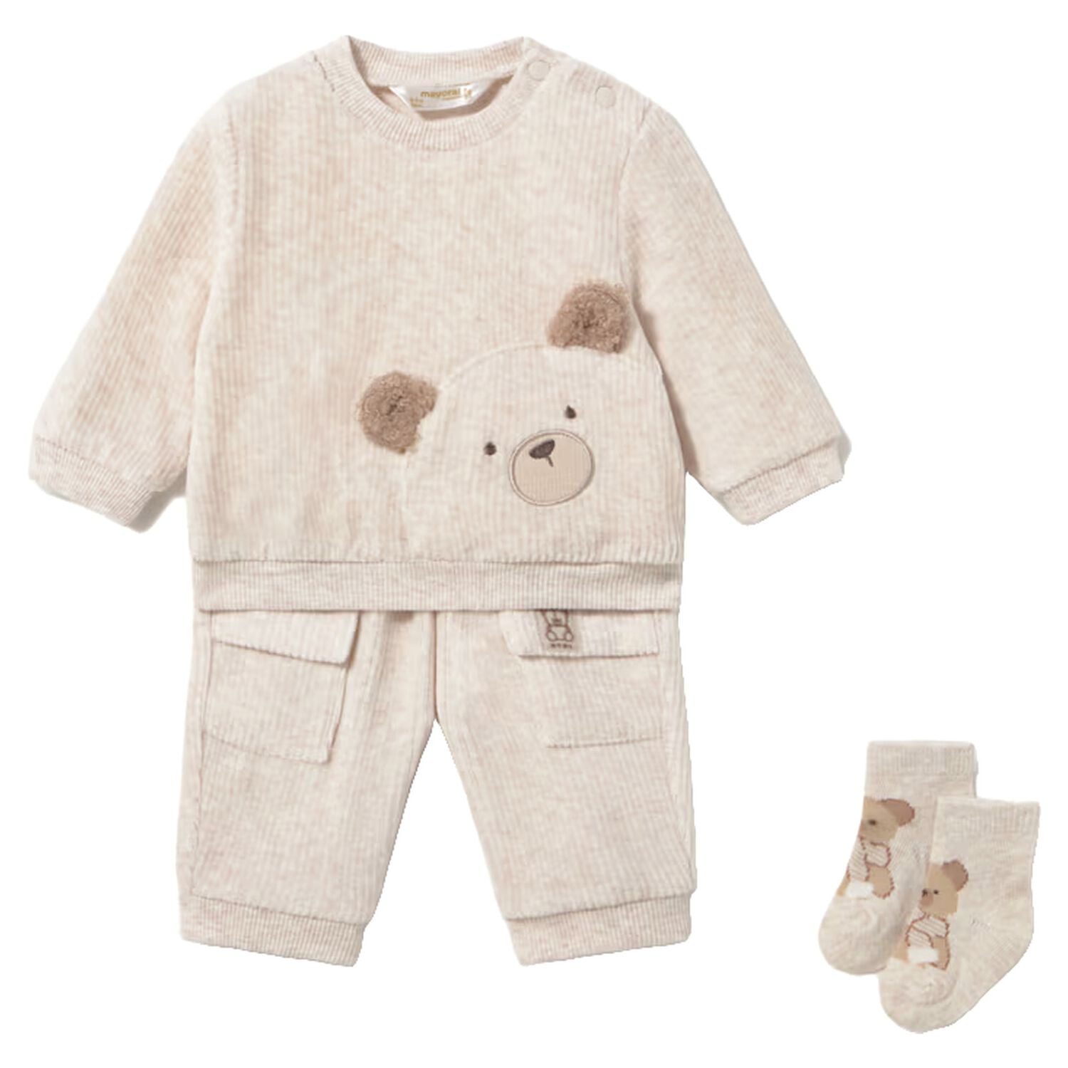 Baby Boys Beige Teddy Bear Tracksuit Set, 1, hi-res