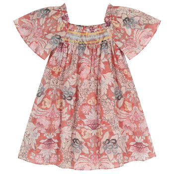 Girls Pink Floral Shirred Dress