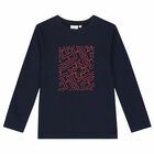 Boys Navy Logo Long Sleeve Top, 1, hi-res