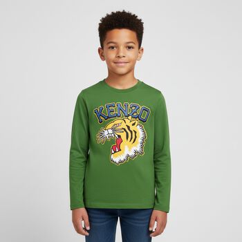 Boys Green Tiger Logo Long Sleeve Top