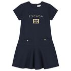 Girls Navy Blue & Gold Logo Dress, 2, hi-res