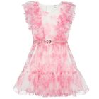 Girls White & Pink Floral Ruffled Dress, 1, hi-res