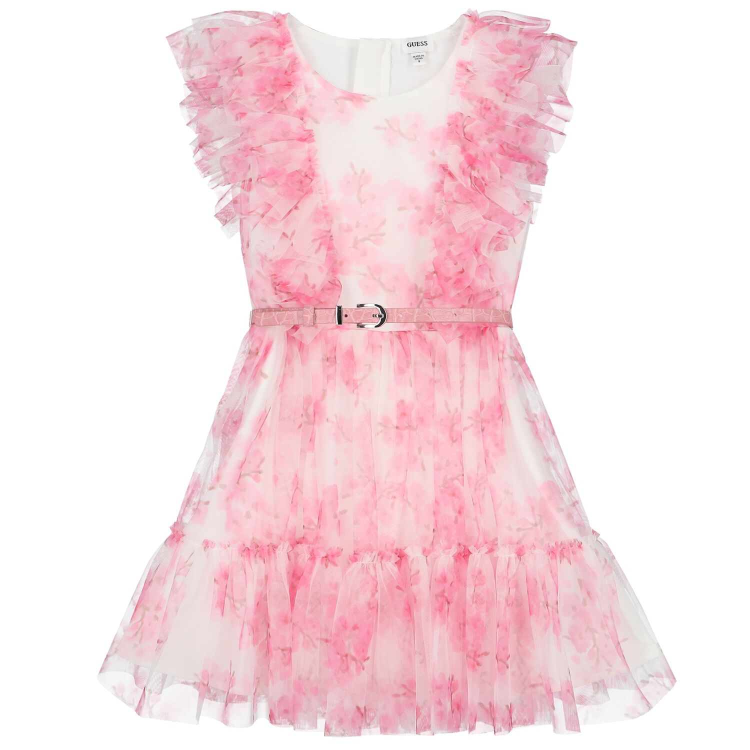 Girls White & Pink Floral Ruffled Dress, 1, hi-res