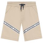 Younger Boys Beige Logo Shorts, 1, hi-res
