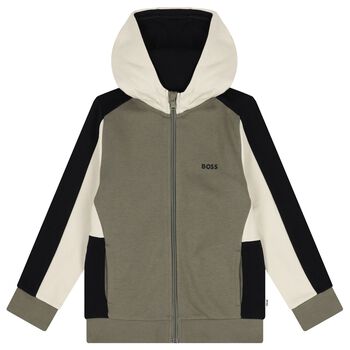 Boys Green, Black & Ivory Logo Hooded Zip Up Top