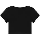 تيشيرت مضلع بالشعار باللون الاسود للبنات, 2, hi-res