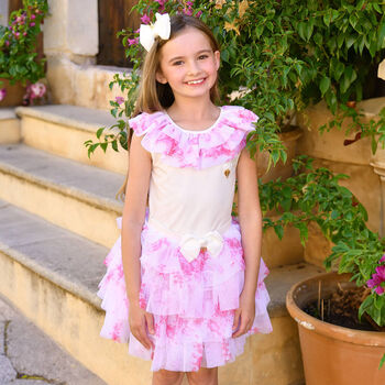 Girls White & Pink Rose Tulle Skirt