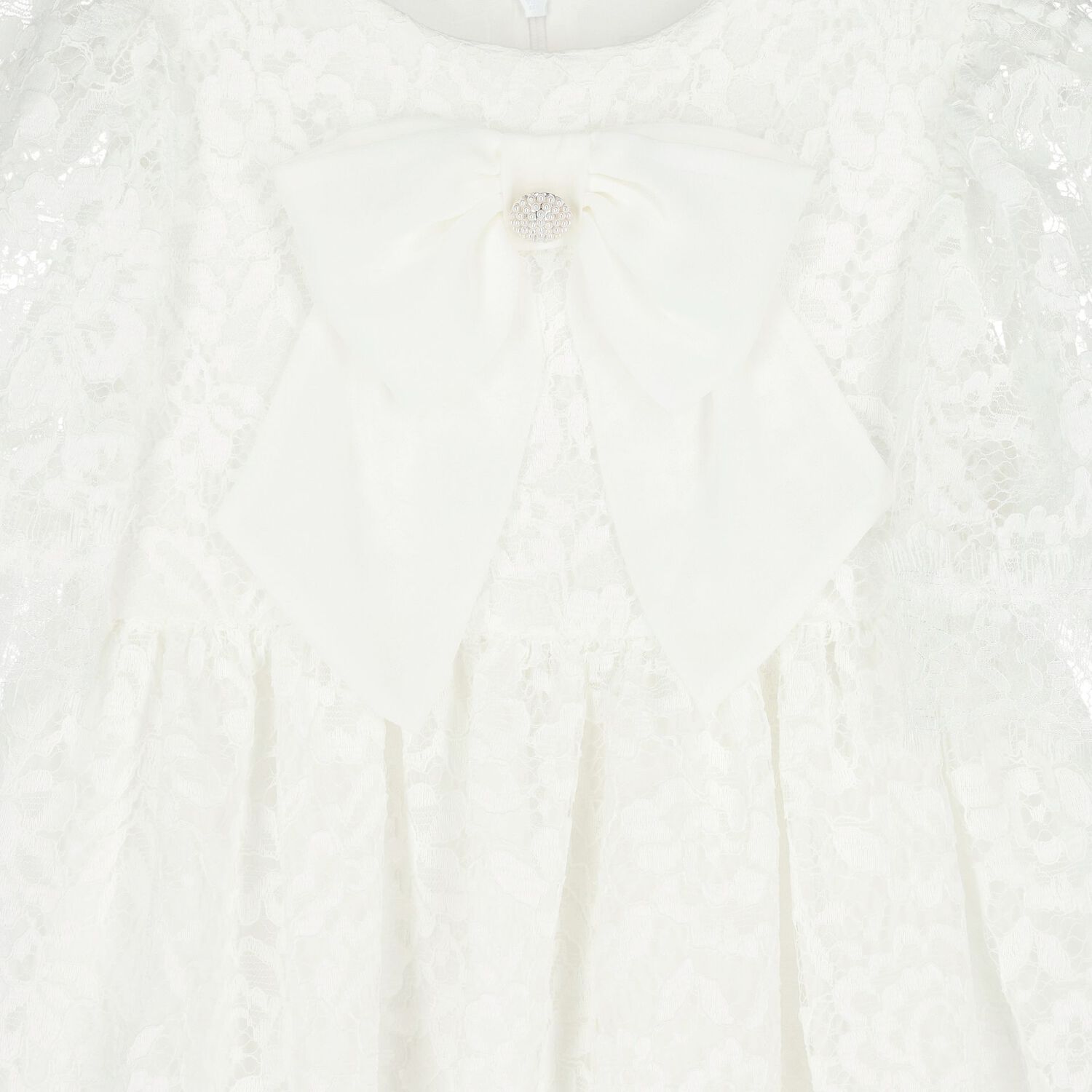 Girls White Chiffon Bow Lace Dress, 1, hi-res