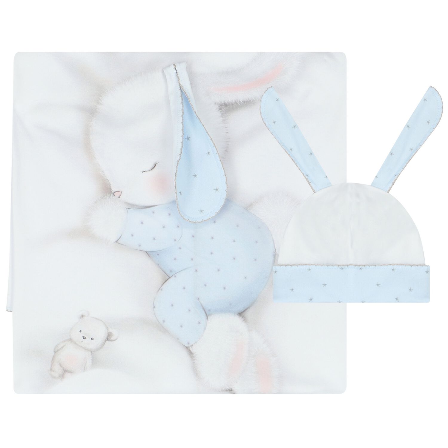 Baby Boys White & Blue Bunny Blanket Set, 2, hi-res image number null