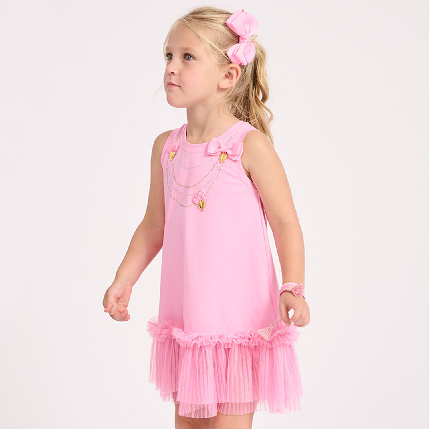 Girls Pink Embellished Tulle Dress, 2, hi-res