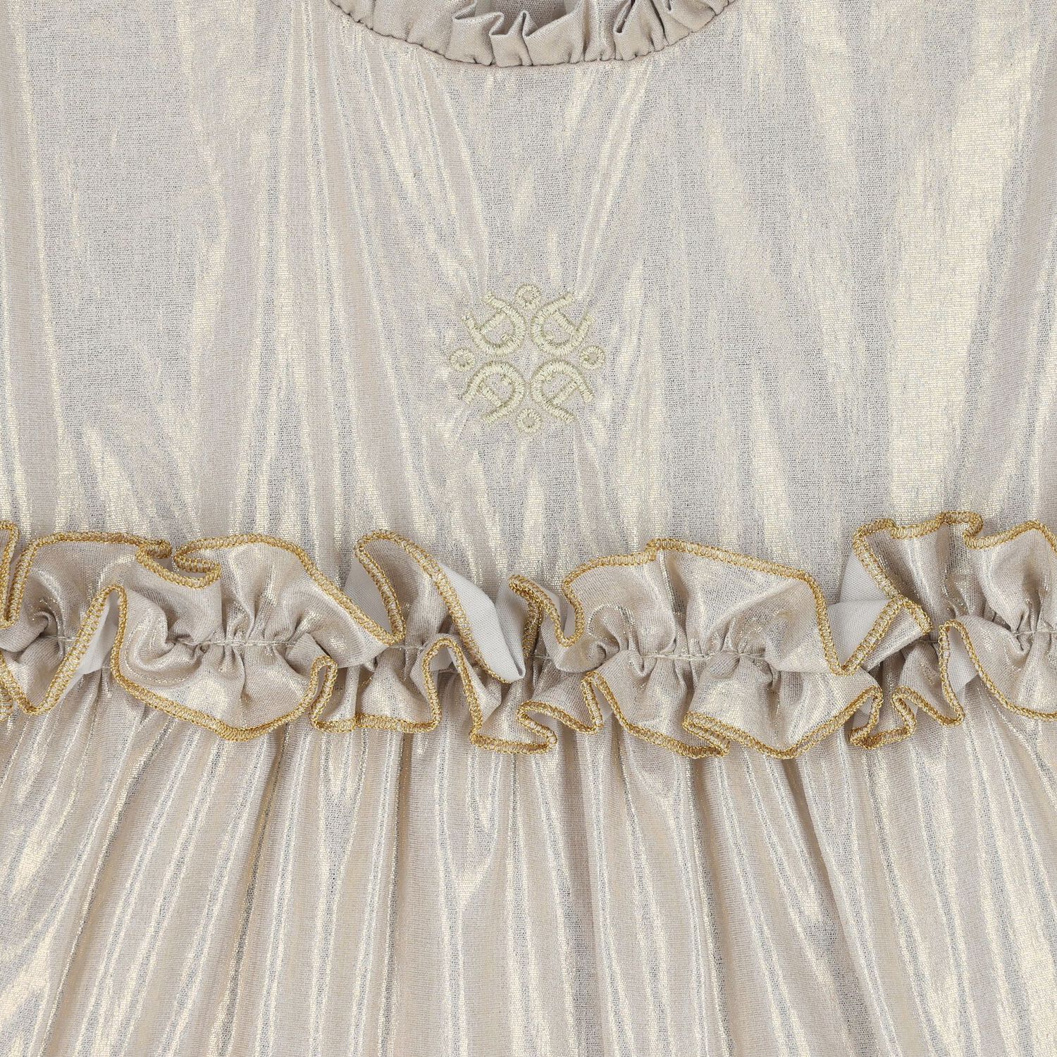 Younger Girls Beige & Gold Logo Ruffled Dress, 1, hi-res