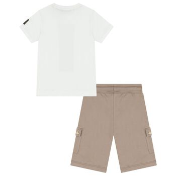 Boys White & Beige Logo Shorts Set