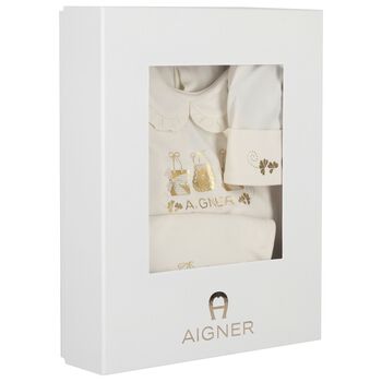 Baby Girls Ivory & Gold Logo Babygrow, Hat & Bib Gift Set