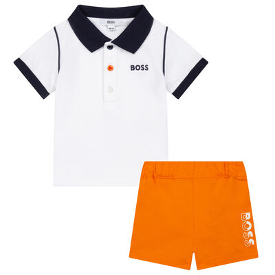 Baby Boys White & Orange Logo Shorts Set