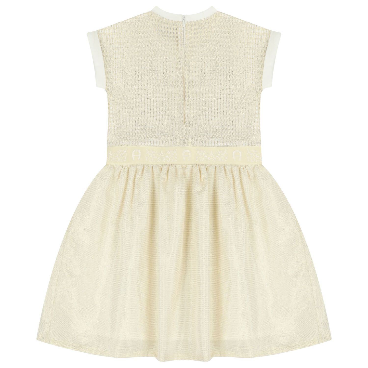 Girls Ivory & Gold Logo Dress, 1, hi-res