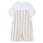 Baby Boys White & Beige Striped Logo Dungaree Set, 1, hi-res