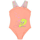 Girls Coral Tweety Bird Swimsuit, 1, hi-res