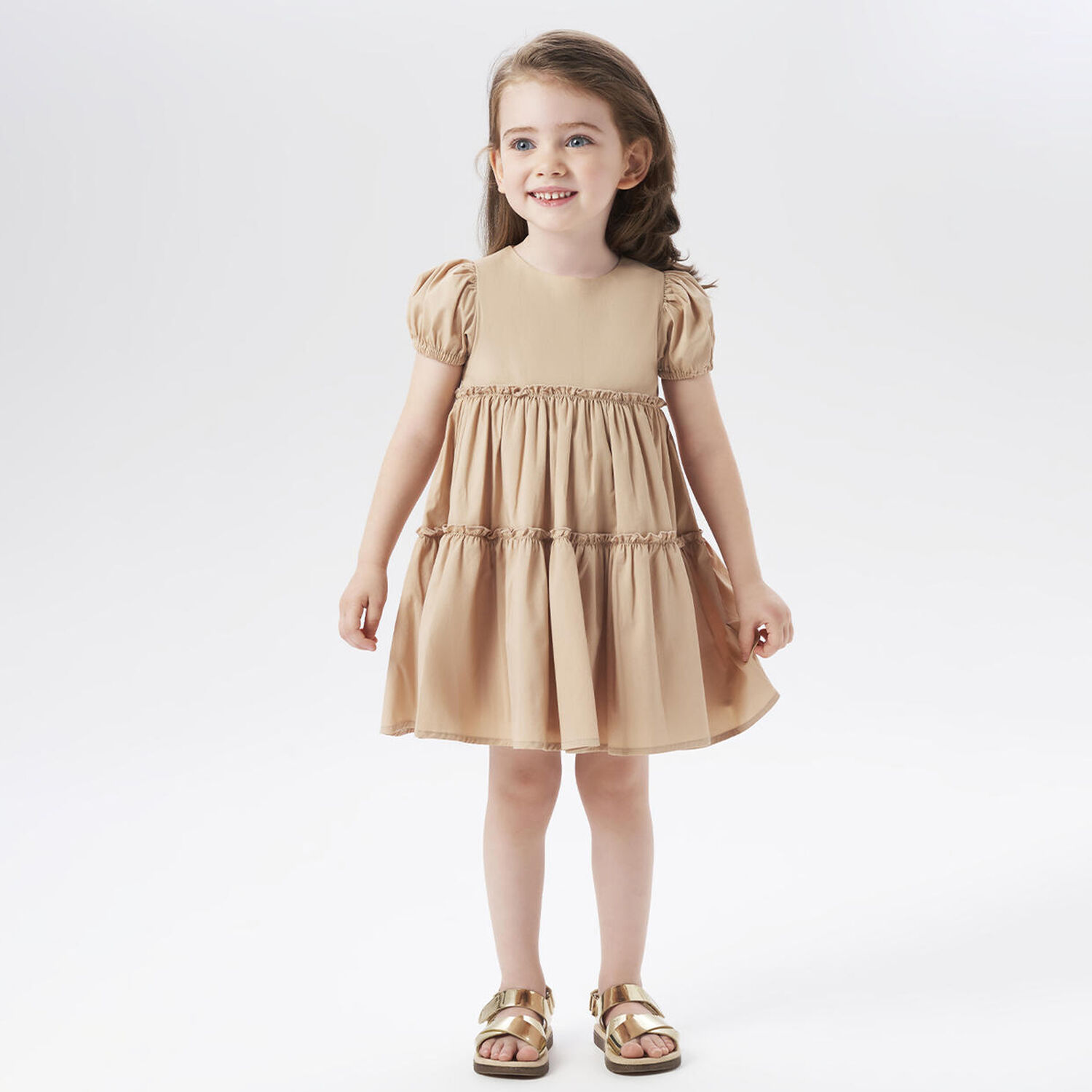 Girls Beige Tiered Dress, 1, hi-res image number null