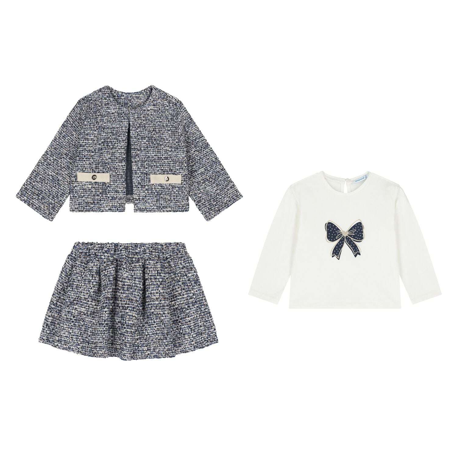 Younger Girls Navy Blue Tweed Knit Skirt Set, 2, hi-res
