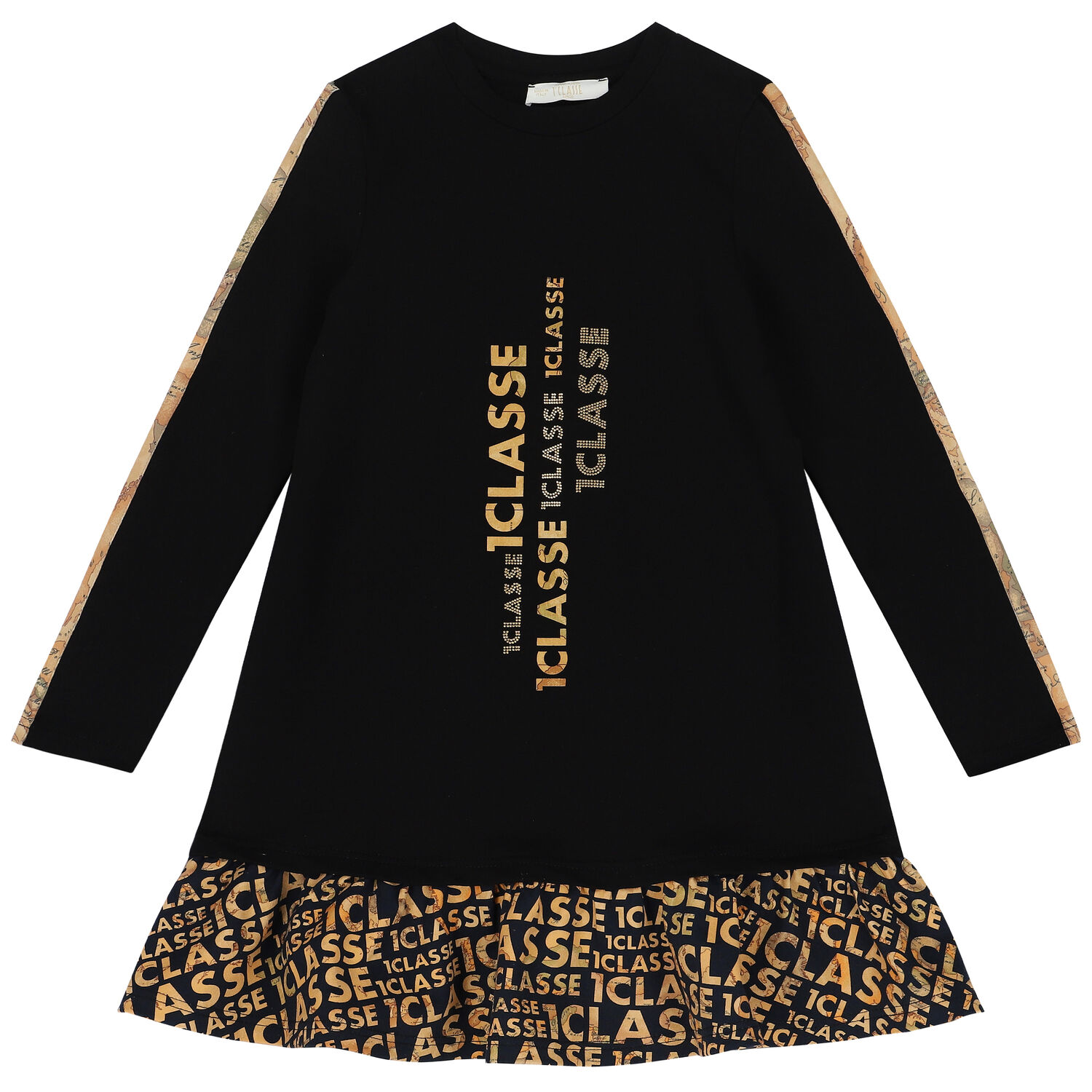 Girls Black & Beige Logo Dress, 1, hi-res