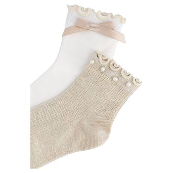 Girls White & Beige Bow & Pearl Socks ( 2-Pack ) 